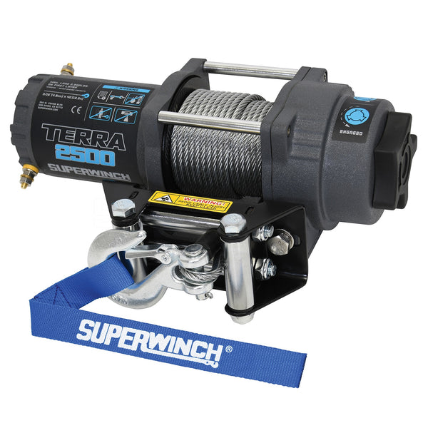 Terra 2500 Winch-2500 lbs., 12V DC, 3/16 in. x 40 ft. steel rope, sealed solenoid with circuit breaker, handheld remote control and handlebar switch, 1.5 hp, 3 stage planetary, 138:1 gear ratio, 4 way roller fairlead, mounting plate.