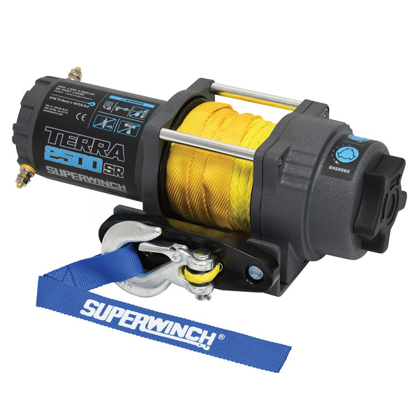 Terra 2500SR Winch-2500 lbs., 12V DC, 3/16 in. x 40 ft. Synthetic rope, sealed solenoid with circuit breaker, handheld remote control and handlebar switch, 1.5 hp, 3 stage planetary, 138:1 gear ratio, aluminum hawse fairlead, mounting plate.