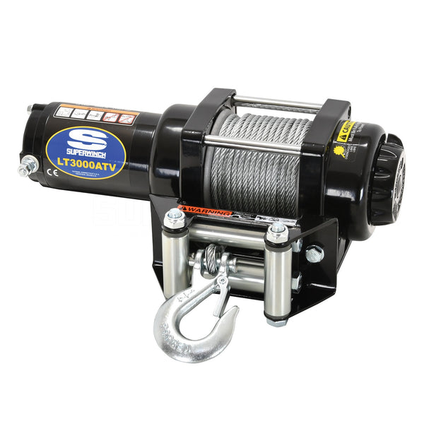 LT3000 Winch-3,000 lbs, 12 VDC, 3/16 in x 50 ft steel rope, sealed solenoid, 12 ft handheld remote, 1.2 Hp, automatic load holding brake, 1-stage planetary, 136:1 gear ratio, zinc plated 4-way roller fairlead