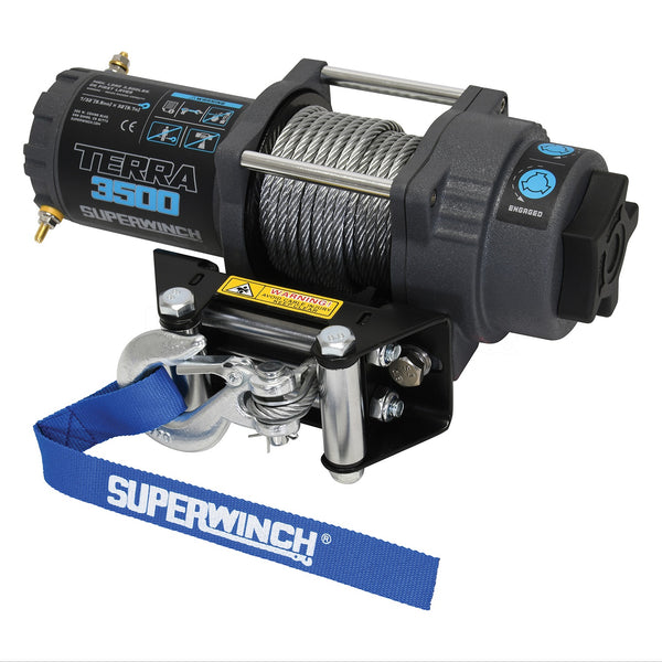 Terra 3500 Winch-3500 lbs., 12V DC, 7/32 in. x 32 ft. steel rope, sealed solenoid with circuit breaker, handheld remote control and handlebar switch, 1.6 hp, 3 stage planetary, 198:1 gear ratio, 4 way roller fairlead, mounting plate.