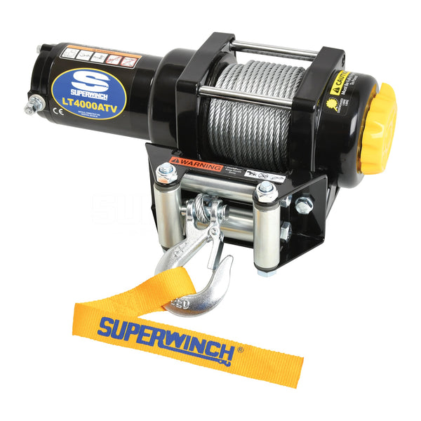 LT4000 Winch-4,000 lbs, 12 VDC, 3/16 in x 50 ft steel rope, sealed solenoid, 12 ft handheld remote control and handle bar switch, 1.4 Hp, automatic load holding brake, 3-stage planetary, 166:1 gear ratio, zinc plated 4-way roller fairlead