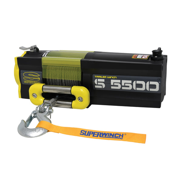 S5500 Winch-5,500 lbs, 12 VDC, 7/32 in x 60 ft steel rope, 30.5 ft handheld remote control, 3.6 Hp, mechanical brake, 3-stage planetary, 185:1 gear ratio, stainless steel 2-way fairlead