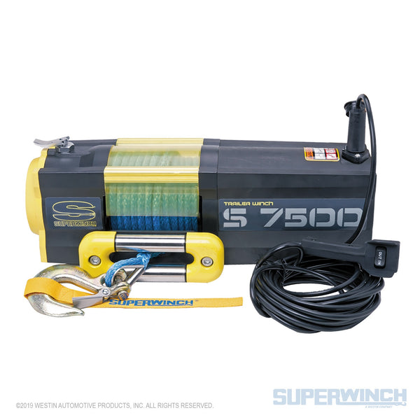 S7500SR Winch-7,500 lbs, 12 VDC, 5/16 in x 54 ft synthetic rope, 30.5 ft handheld remote control, 3.6 Hp, mechanical brake, 3-stage planetary, 249:1 gear ratio, stainless steel 2-way fairlead