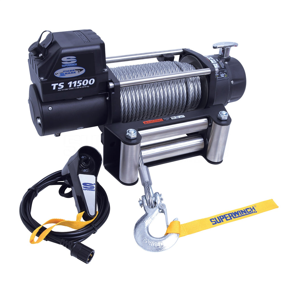 Tiger Shark 11500 Winch-11,500 lbs, 12 VDC, 3/8 in x 84 ft steel rope, weather sealed solenoid, handheld remote control, 5.8 Hp, 3-stage planetary, 218:1 gear ratio and stainless steel 4-way roller fairlead