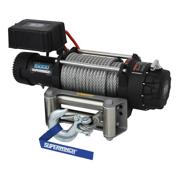 Tiger Shark 15000 Winch-15,000 lbs., 12 VDC, 7/16 in. x 82 ft. wire rope, handheld remote control, 6.8 HP, automatic brake, 3-stage planetary, 262:1 gear ratio, freespool clutch, 4-way roller fairlead