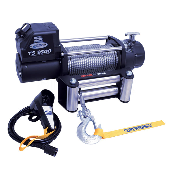 Tiger Shark 9500 Winch-9,500 lbs, 12 VDC, 11/32 in x 95 ft steel rope, weather sealed solenoid, handheld remote control, 5.2 Hp, 3-stage planetary, 218:1 gear ratio and stainless steel 4-way roller fairlead