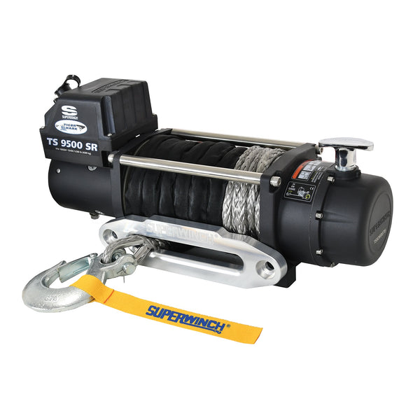 Tiger Shark 9500SR Winch-9,500 lbs, 12 VDC, 3/8 in x 80 ft synthetic rope, weather sealed solenoid, handheld remote control, 5.2 Hp, 3-stage planetary, 218:1 gear ratio and aluminum hawse fairlead
