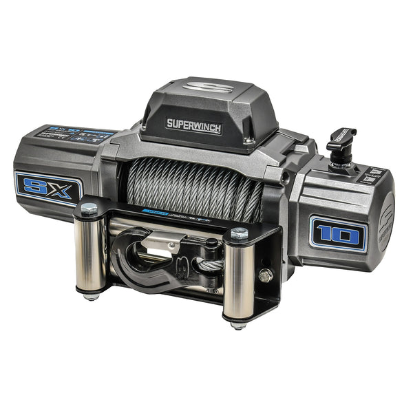 SX10 Winch-10,000 lbs., 12 VDC, 3/8 in x 85 ft. wire rope, ergo handheld remote control, 5.5 HP, automatic brake, 3-stage planetary, 218:1 gear ratio, ergo pull and turn freespool clutch, stainless steel 4-way roller fairlead