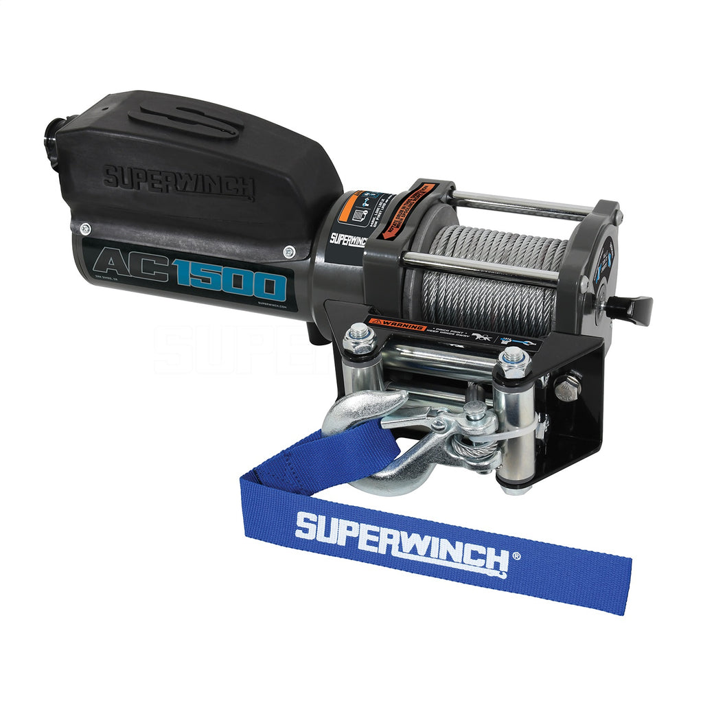 AC 1500 Winch-1,5000 lbs., 1.1 HP 120V AC permanent magnetic motor, standard drum, dynamic motor brake, planetary gear, 262:1 gear ratio; kit includes: 10ft remote control, 1/8 In x 35ft. wire rope, roller fairlead, and 9.6ft power cord