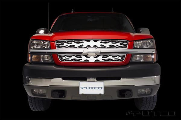 Flaming Inferno Stainless Steel Grilles-Chevrolet Avalanche without body cladding Flaming Inferno Stainless Steel Grilles-Chevrolet Silverado LD / 03-04 HD