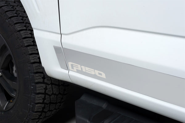 Ford Licensed Stainless Steel Rocker Panels-Ford F-150 Super Cab 8 ft Long Box (4.25" tall, 12 Pieces)