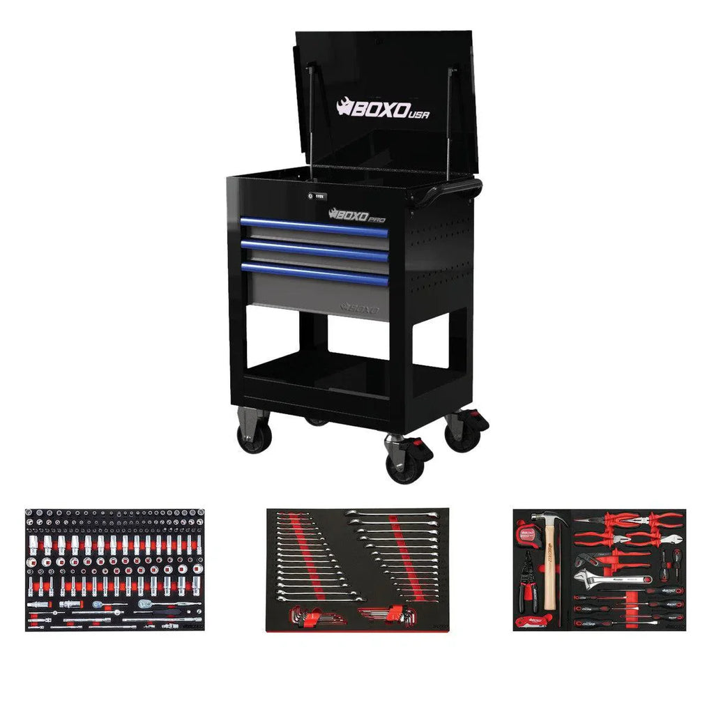 Boxo USA - Pro Series | Loaded 28" 3-Drawer Flip Top Service Cart Tool Box 28BM-BK-B Black with Blue Handle