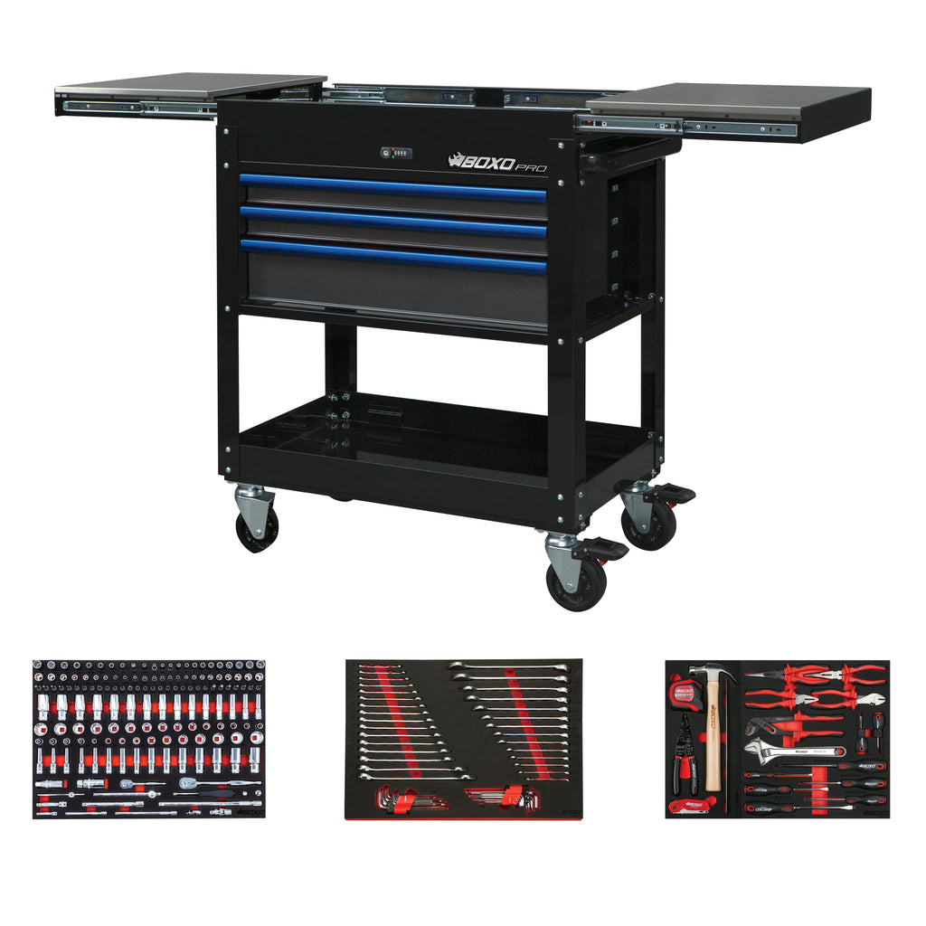 Boxo USA - Pro Series | 35" 3-Drawer Slide-Top Service Cart Tool Box Black with Blue Handles 35SBM-BK-B