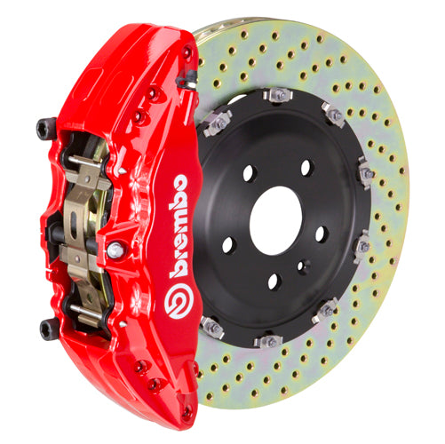 2019+ Ford F-150 6-Piston Front Drilled Brake Kit, 380x34mm 2-Piece Rotors, Red Calipers with Brembo Logo