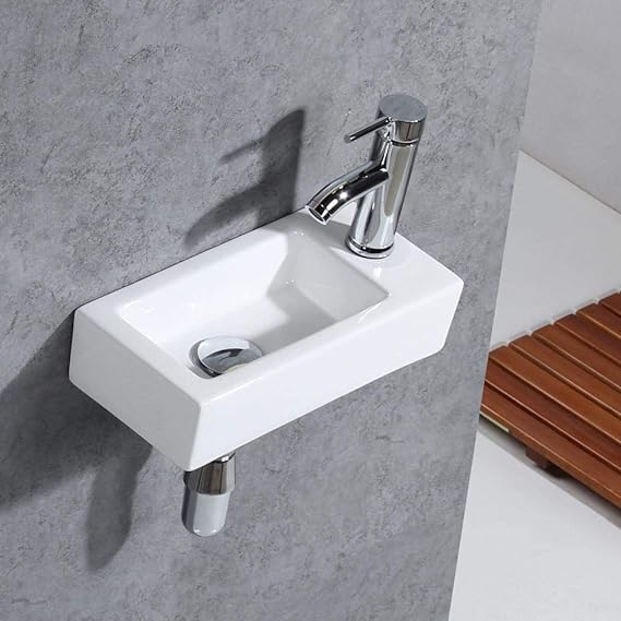 GIMIFY BATHROOM CORNER WALL MOUNT SINK CERAMIC WHITE FOR SMALL BATHROOM, RIGHT HAND, SINK ONLY – REAR CABANA SINK
