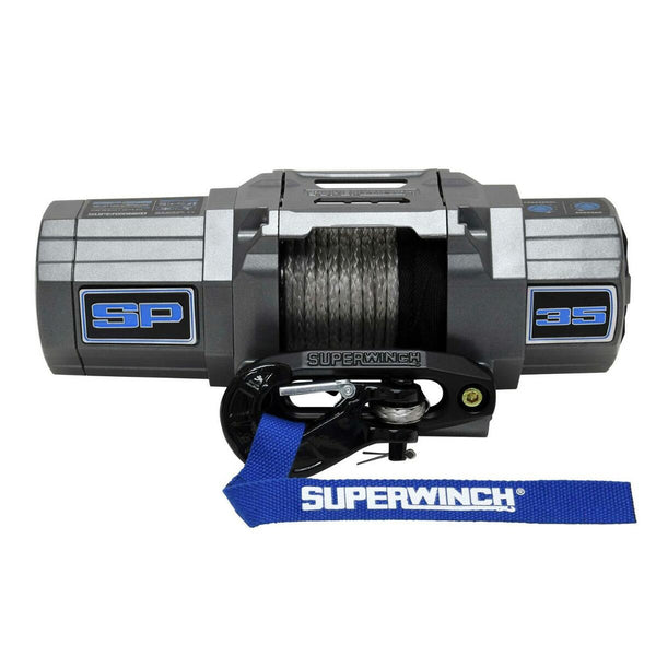 SP 35SR Winch-3,500 lbs., 12 VDC, 7/32 in x 40 ft. synthetic rope, sealed solenoid with circuit breaker, handheld remote control and dash mounted switch, 3-stage planetary, 198:1 gear ratio, hawse fairlead