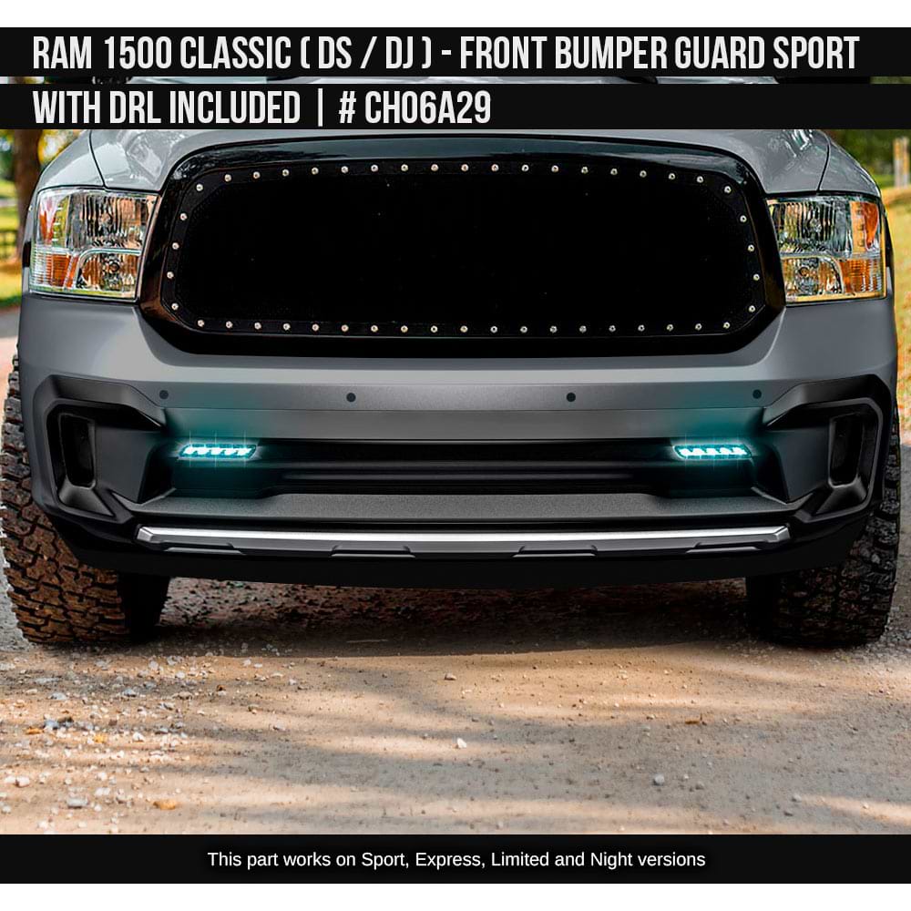 2010-2023 Dodge RAM Classic 1500 Front Bumper Guard with DRL included (for Sport, Express, Limited and Night versiones, does not fit on Rebel and Warlock) Painted  Satin Black and Satin Silver Install Ready