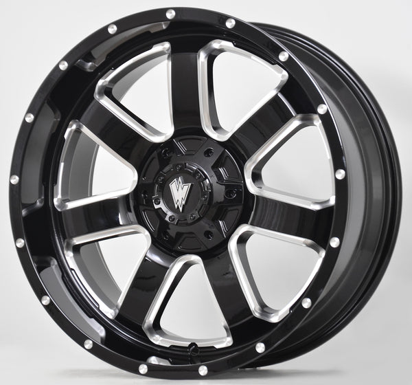 REBEL 20X9 GLOSSY BLACK AND MILLED SIDE SPOKE - 0  OFFSET 8X170  125.5CB