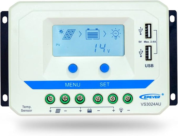 EPEVER Solar Charge Controller with USB Ports Output 12V/24V PWM Solar Panel Battery Charging Regulator LCD Display for Solar System (30A, )