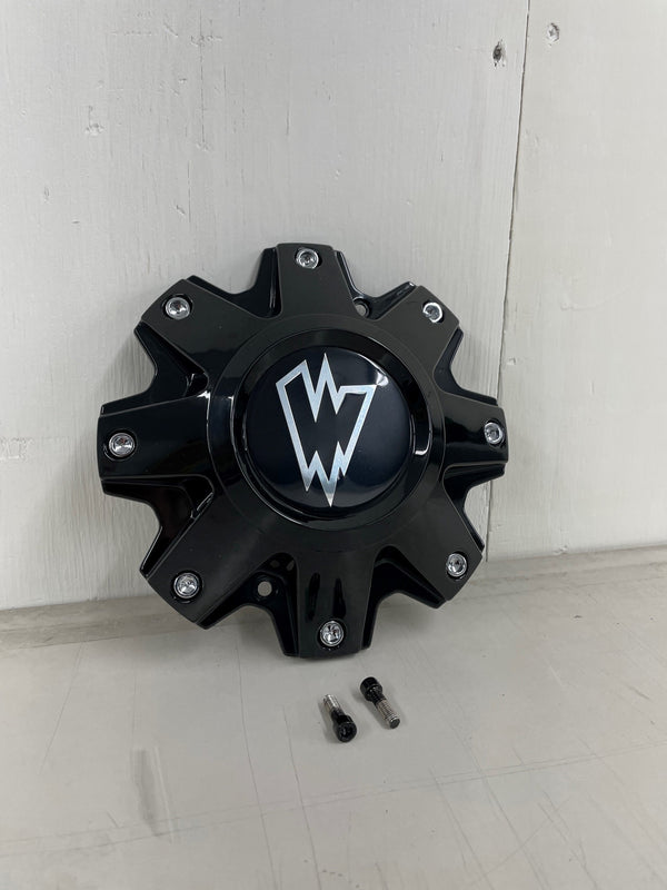 WHEEL CENTER CAP - BLACK WITH WALDOCH W CHROME LOGO FULL CAP WITH 2 BOLTS FOR INSTALL C10141B-w centercap